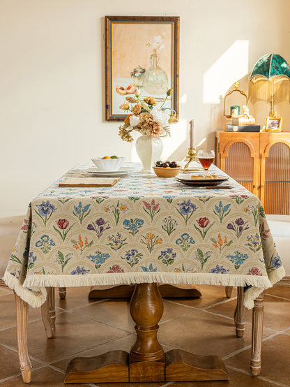 LaLuna Home Thousand Blooms Jacquard  Tablecloth with Tassels - Beige