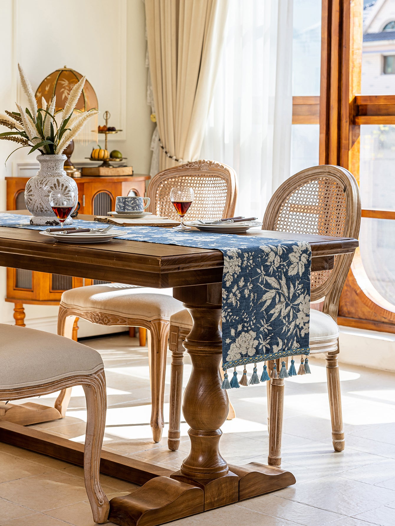 LaLuna Home Full Garden Chenille Jacquard Table Runner - Blue