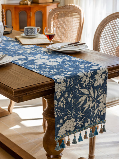 LaLuna Home Full Garden Chenille Jacquard Table Runner - Blue