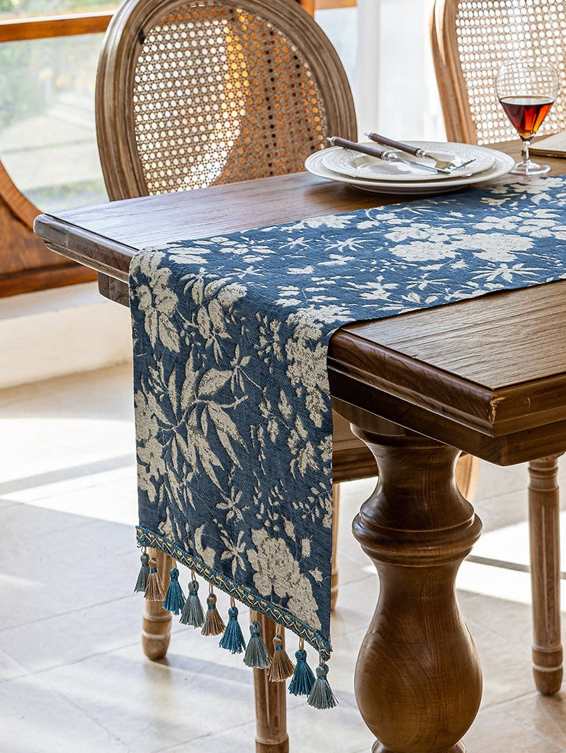 LaLuna Home Full Garden Chenille Jacquard Table Runner - Blue