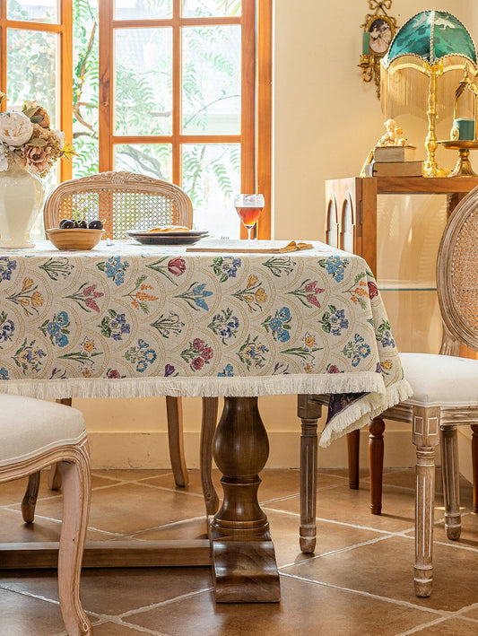 LaLuna Home Thousand Blooms Jacquard  Tablecloth with Tassels - Beige