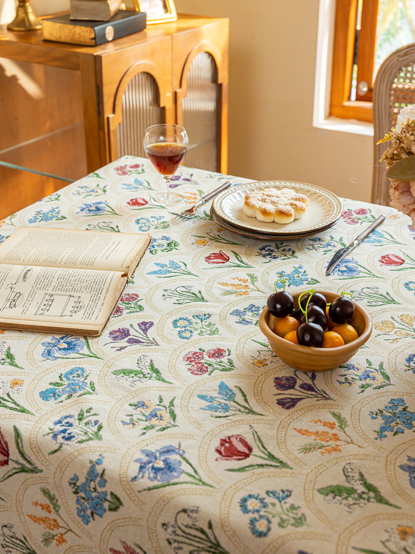 LaLuna Home Thousand Blooms Jacquard  Tablecloth with Tassels - Beige
