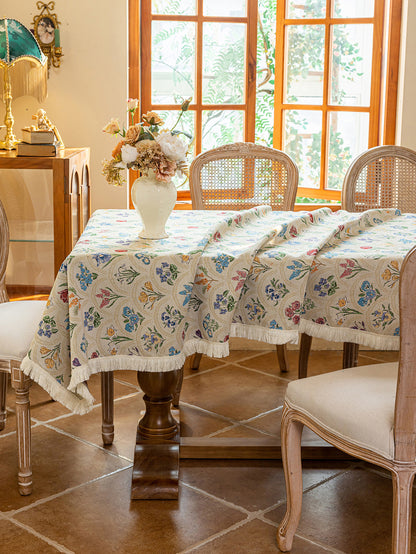 LaLuna Home Thousand Blooms Jacquard  Tablecloth with Tassels - Beige