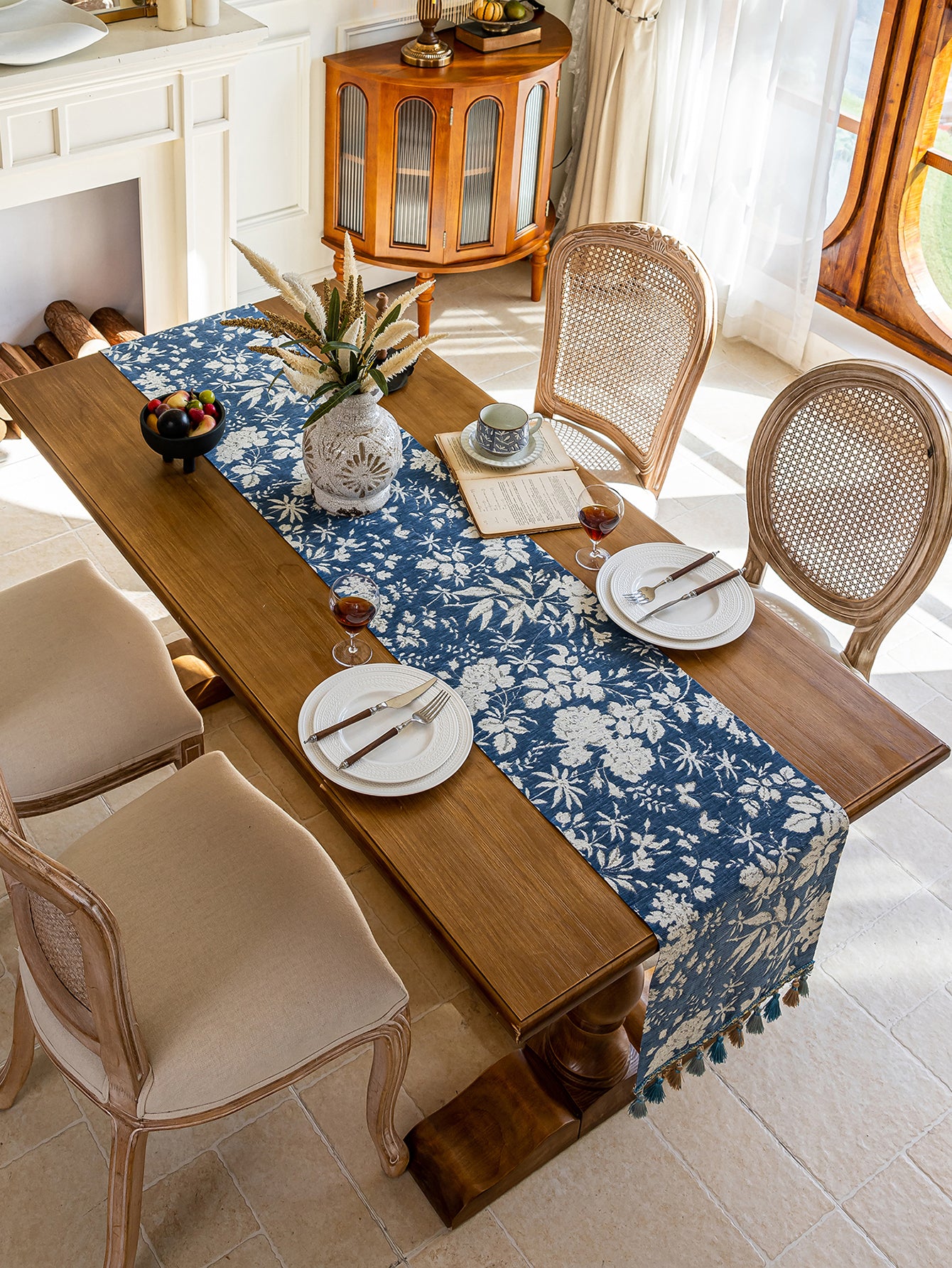 LaLuna Home Full Garden Chenille Jacquard Table Runner - Blue