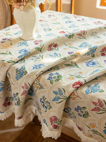 LaLuna Home Thousand Blooms Jacquard  Tablecloth with Tassels - Beige