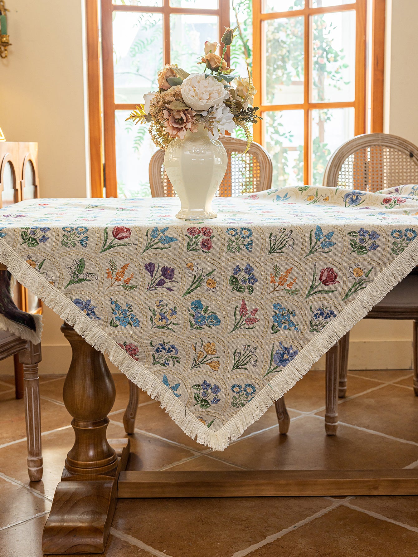 LaLuna Home Thousand Blooms Jacquard  Tablecloth with Tassels - Beige