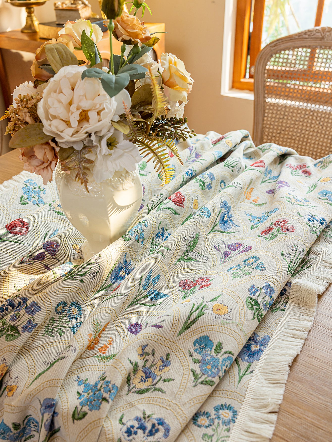 LaLuna Home Thousand Blooms Jacquard  Tablecloth with Tassels - Beige