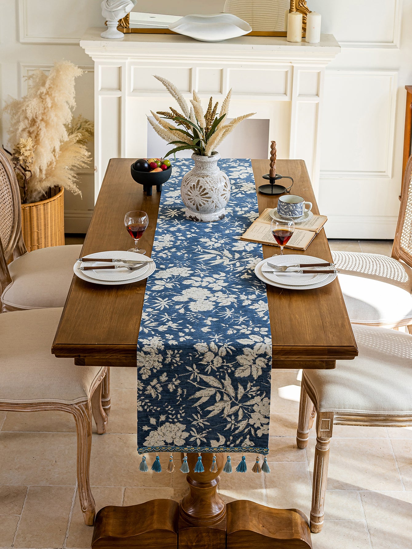 LaLuna Home Full Garden Chenille Jacquard Table Runner - Blue