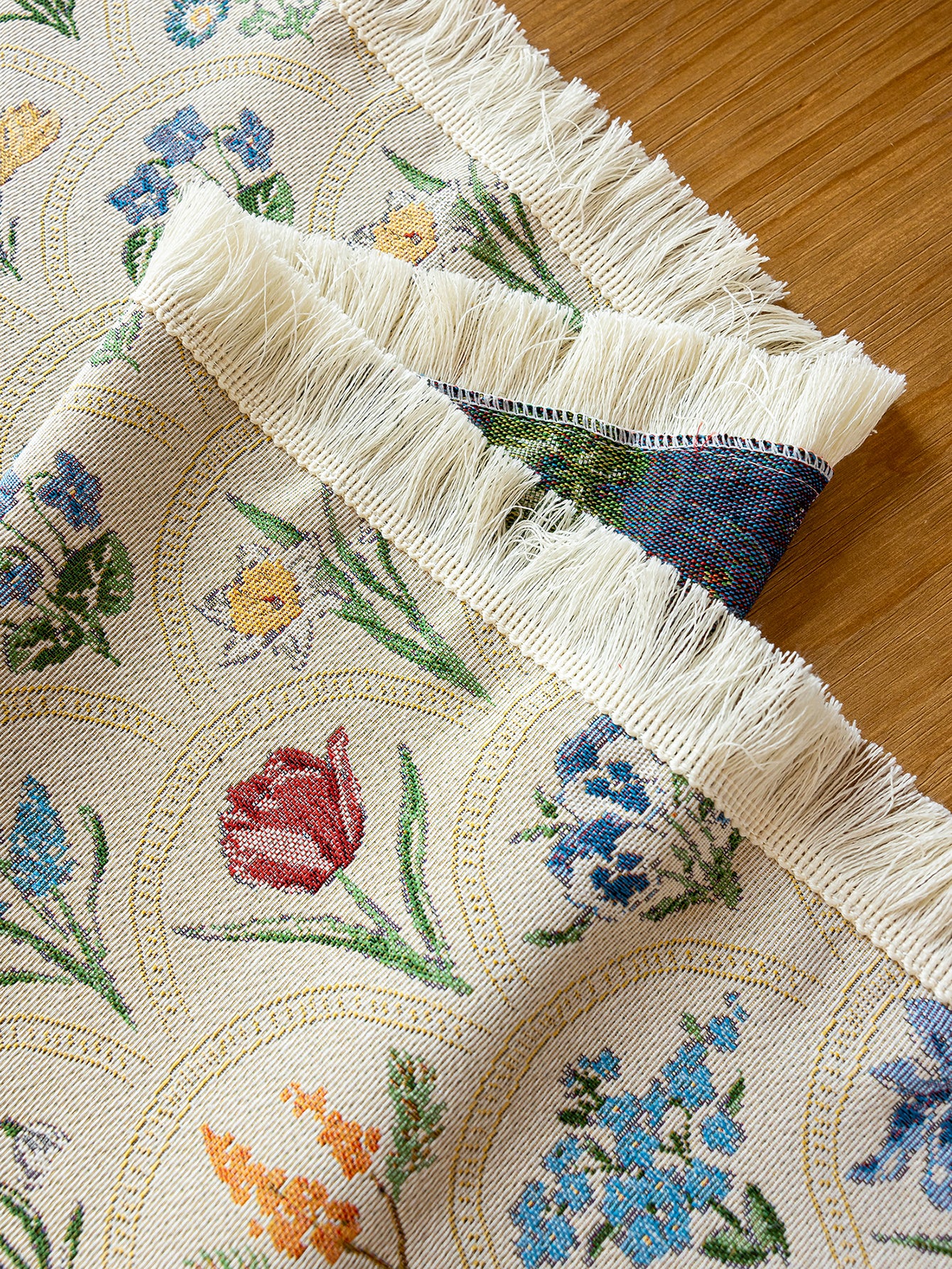 LaLuna Home Thousand Blooms Jacquard  Tablecloth with Tassels - Beige
