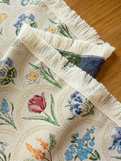 LaLuna Home Thousand Blooms Jacquard  Tablecloth with Tassels - Beige