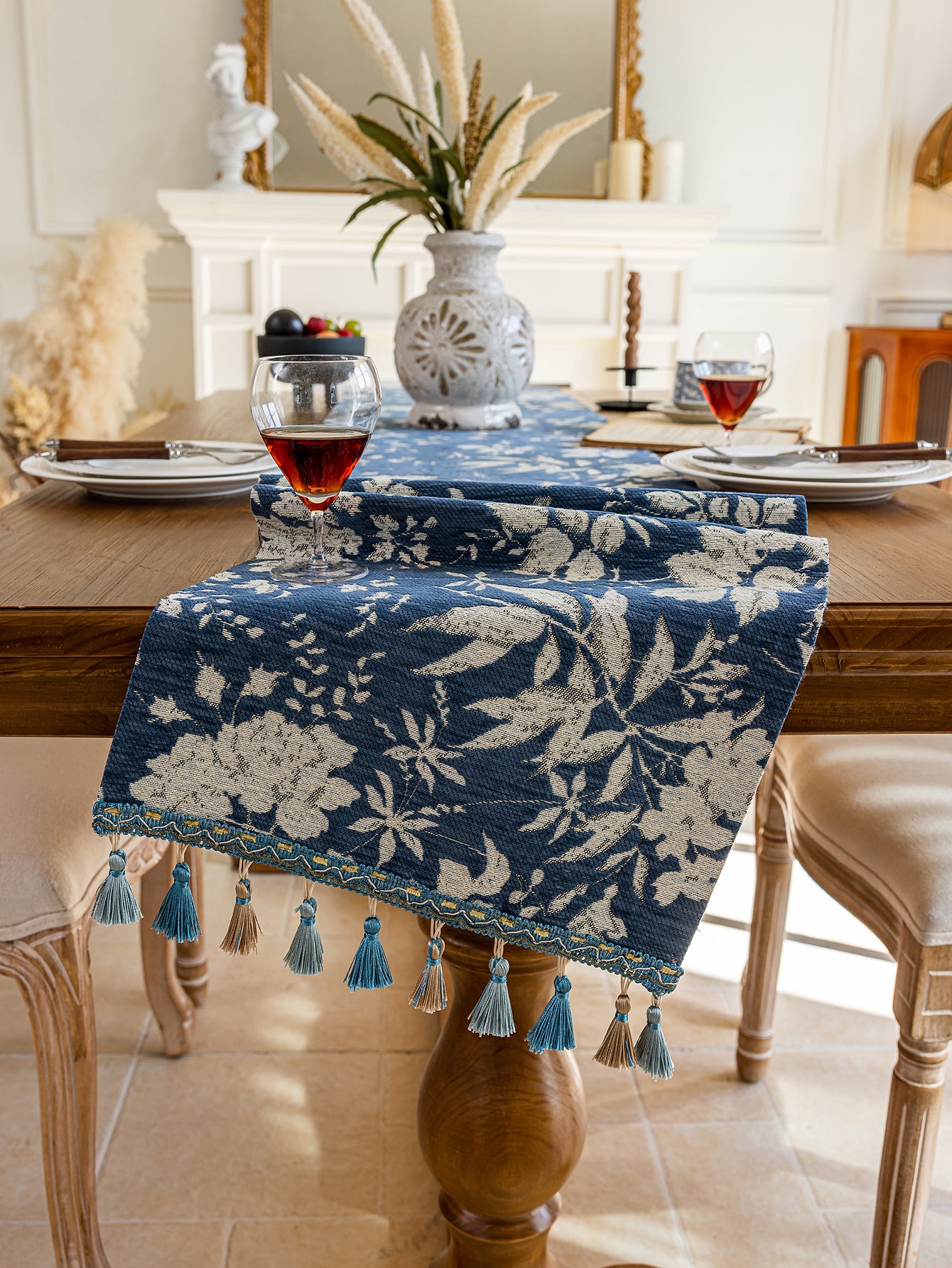 LaLuna Home Full Garden Chenille Jacquard Table Runner - Blue
