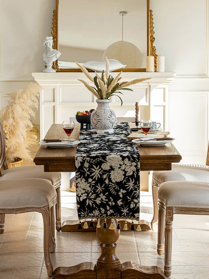 LaLuna Home Full Garden Chenille Jacquard Table Runner - Black