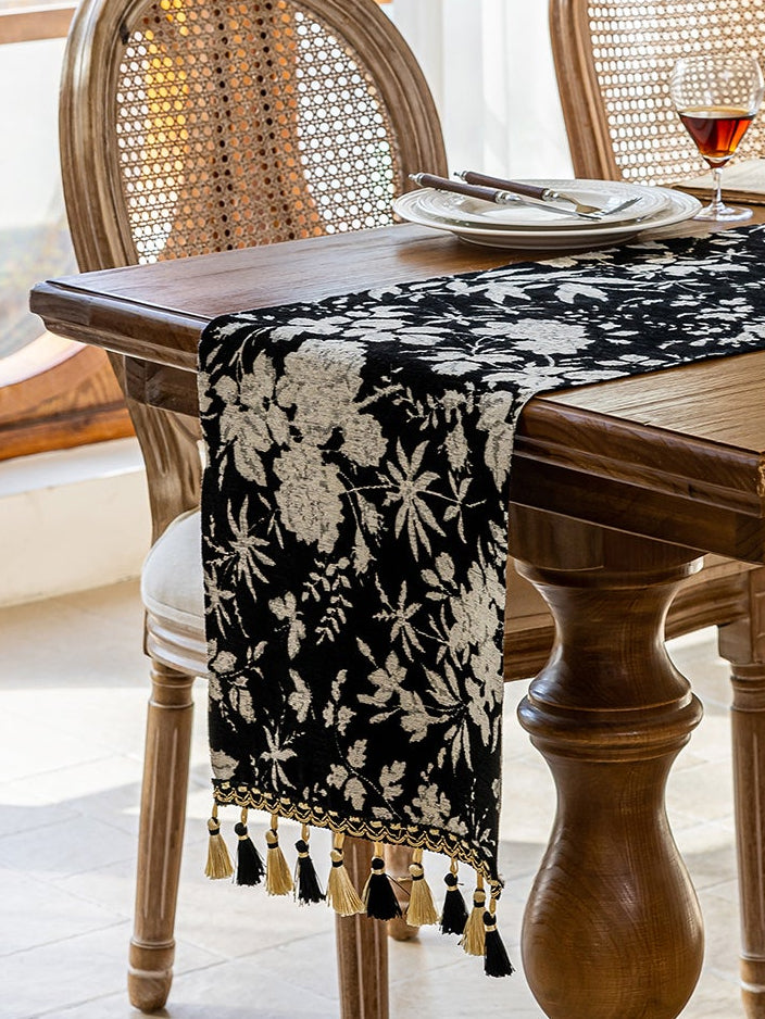 LaLuna Home Full Garden Chenille Jacquard Table Runner - Black