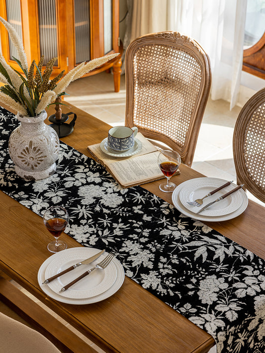 LaLuna Home Full Garden Chenille Jacquard Table Runner - Black