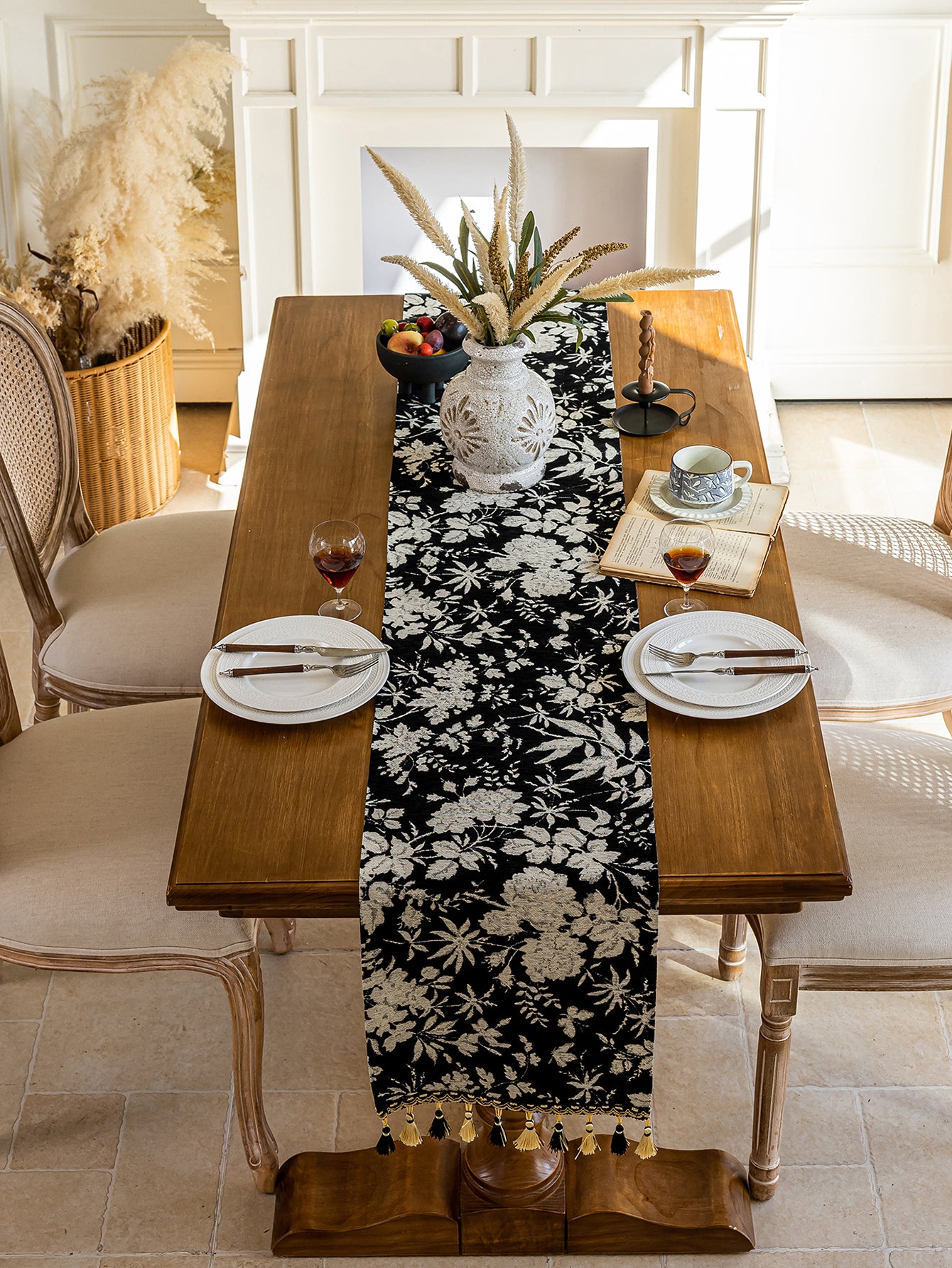 LaLuna Home Full Garden Chenille Jacquard Table Runner - Black