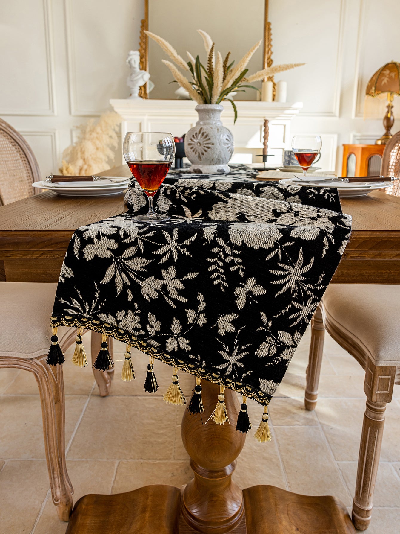 LaLuna Home Full Garden Chenille Jacquard Table Runner - Black