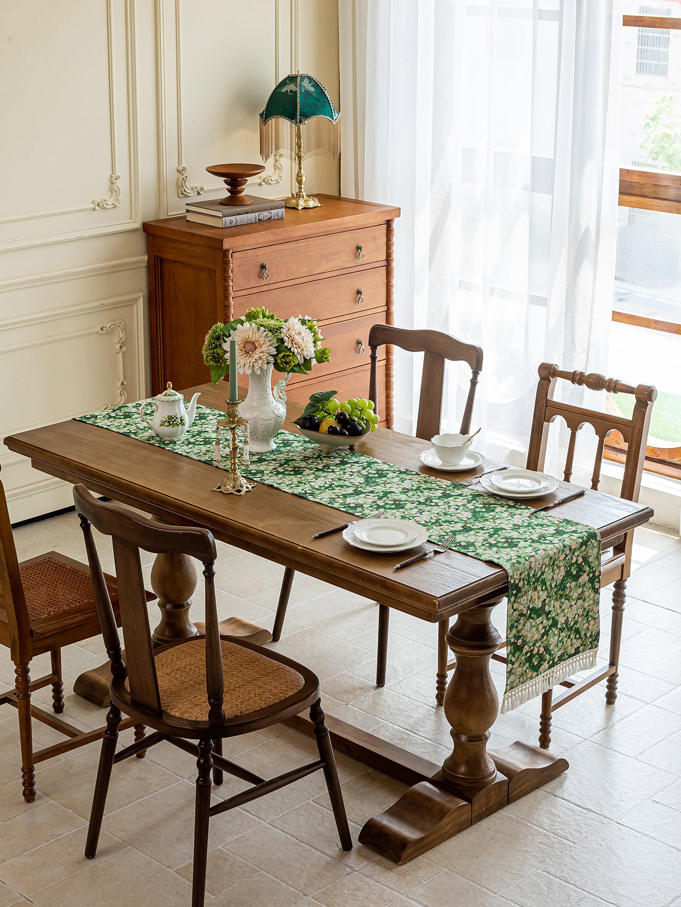 LaLuna Home Green Meadow Jacquard  Table Runner with Tassels