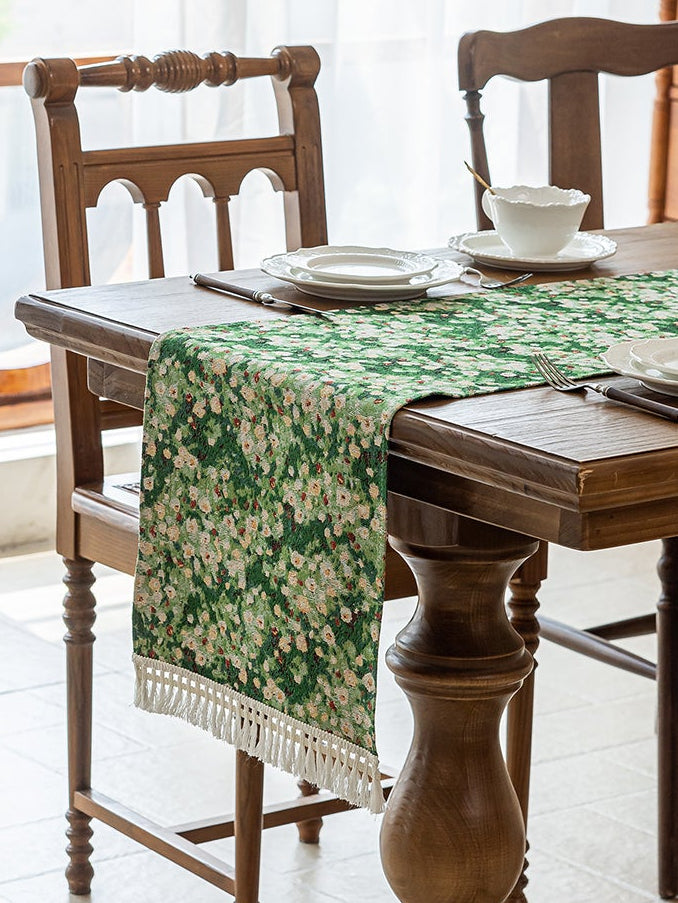 LaLuna Home Green Meadow Jacquard  Table Runner with Tassels