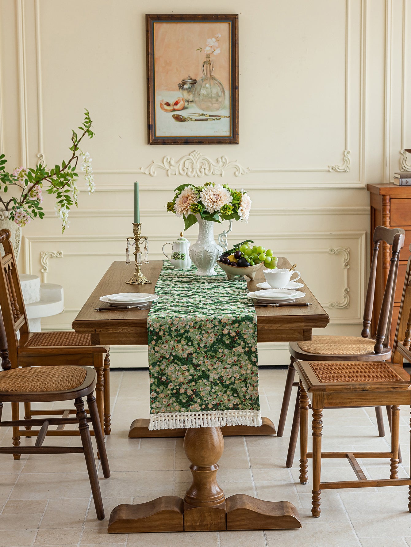 LaLuna Home Green Meadow Jacquard  Table Runner with Tassels