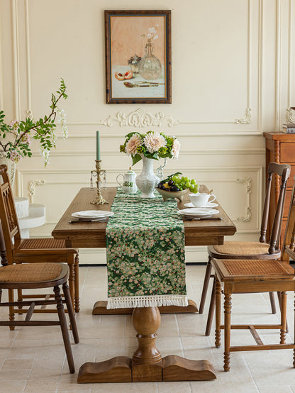 LaLuna Home Green Meadow Jacquard  Table Runner with Tassels