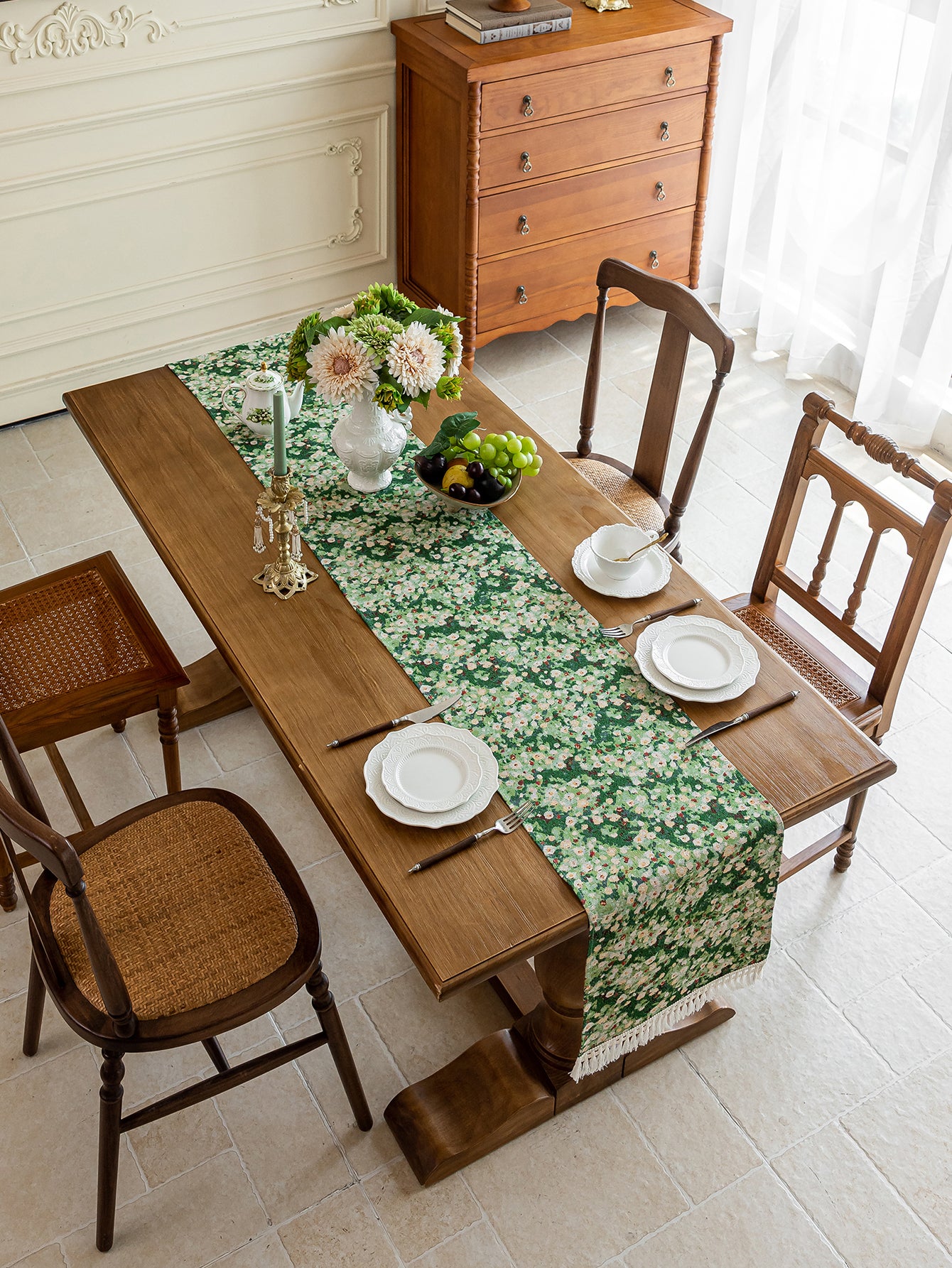 LaLuna Home Green Meadow Jacquard  Table Runner with Tassels