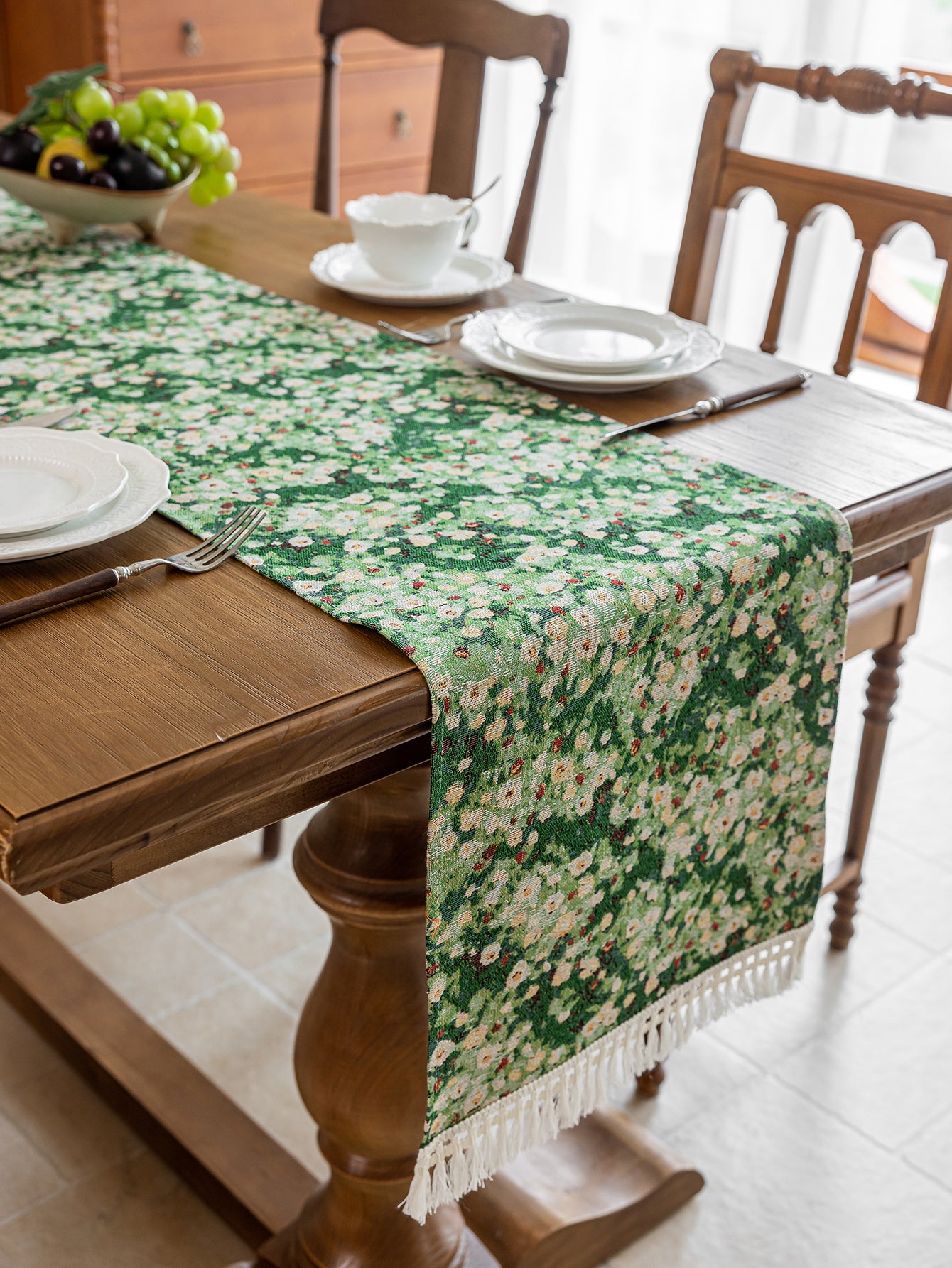 LaLuna Home Green Meadow Jacquard  Table Runner with Tassels