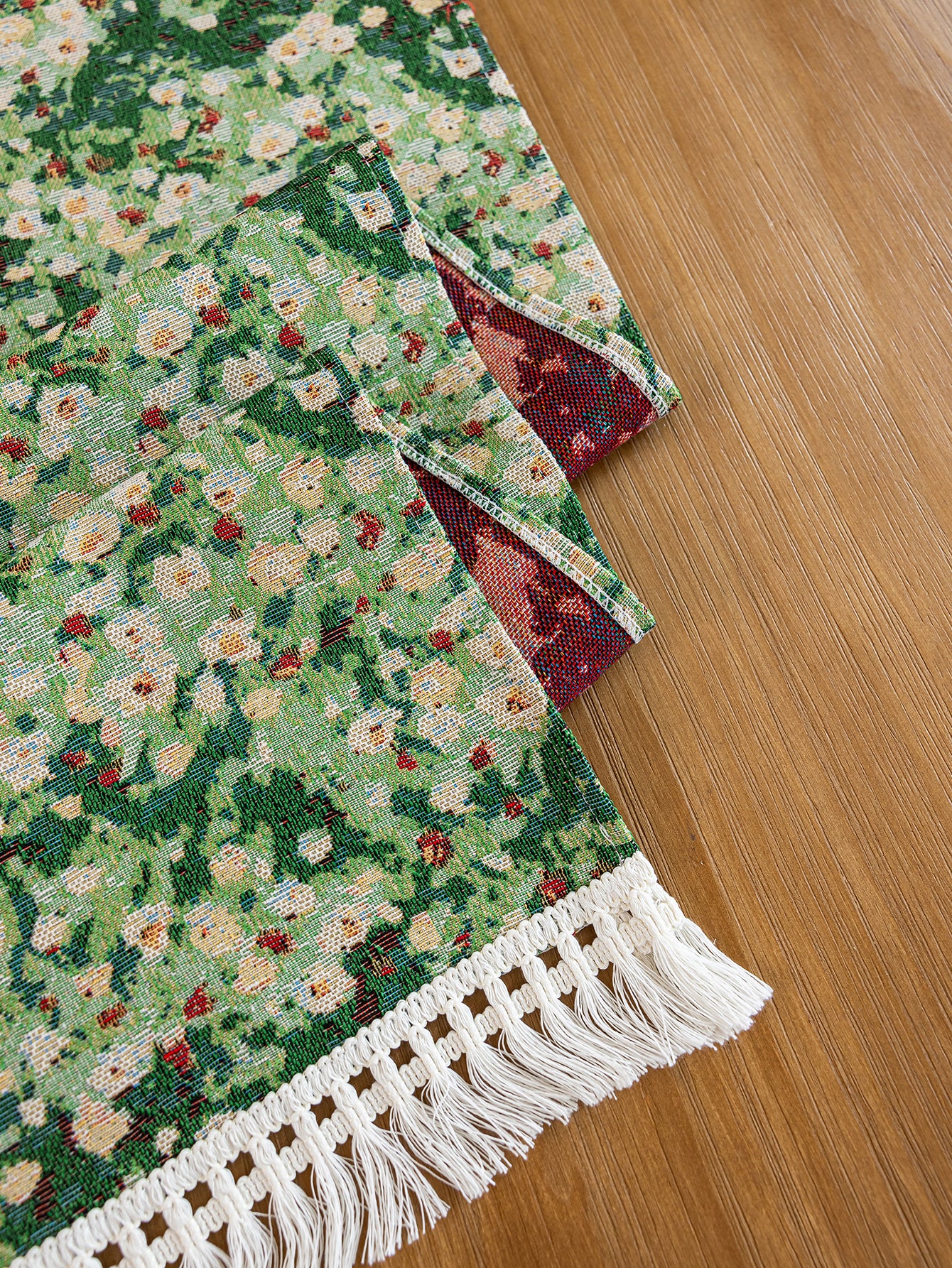 LaLuna Home Green Meadow Jacquard  Table Runner with Tassels