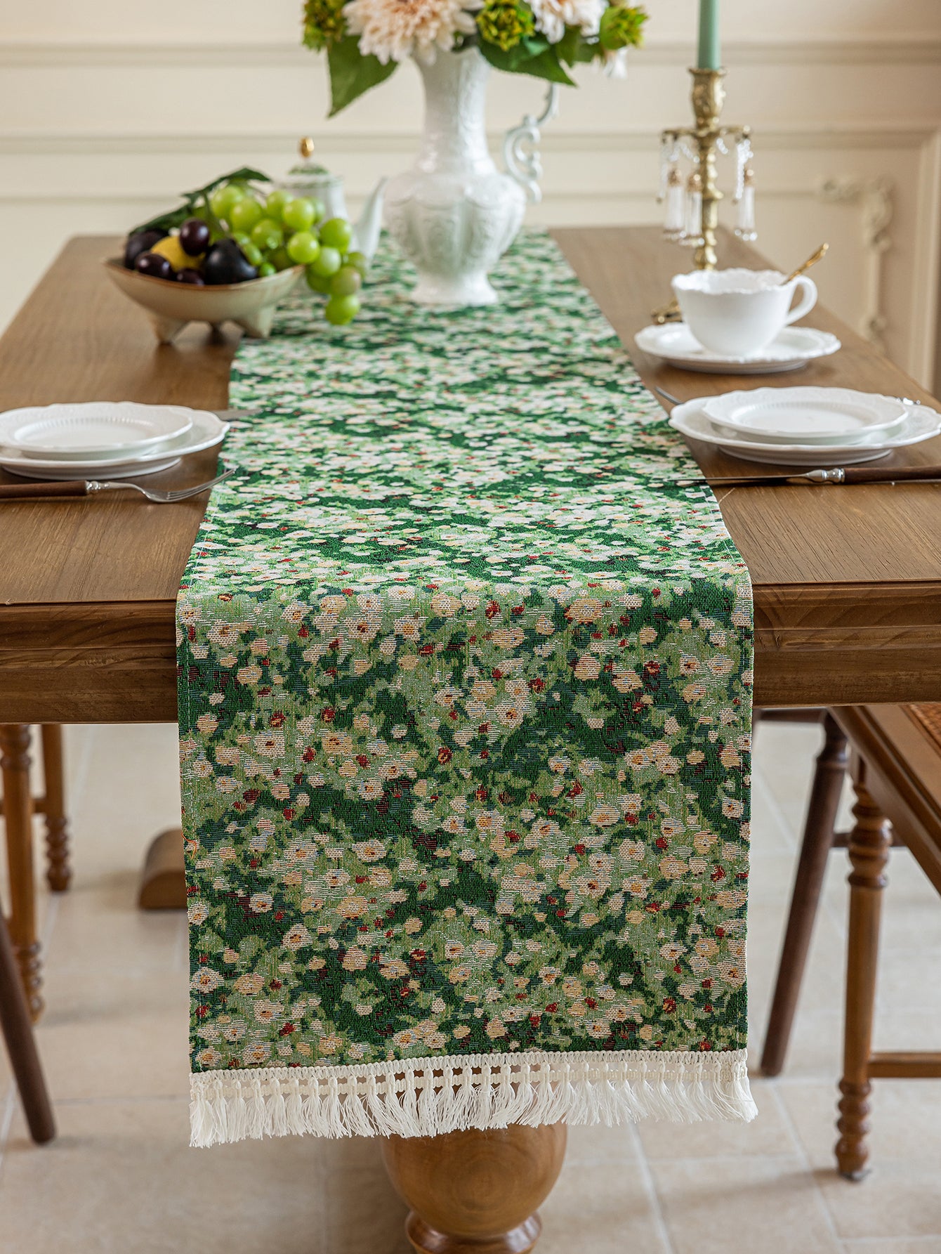 LaLuna Home Green Meadow Jacquard  Table Runner with Tassels