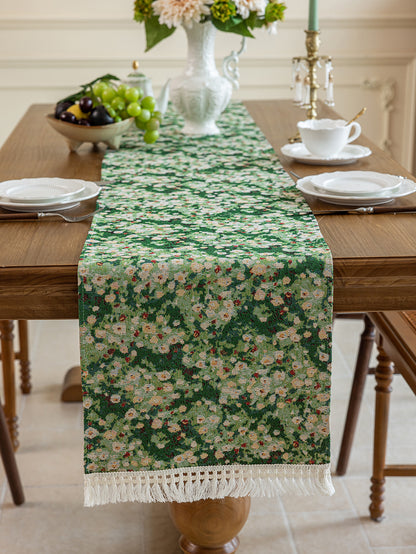 LaLuna Home Green Meadow Jacquard  Table Runner with Tassels