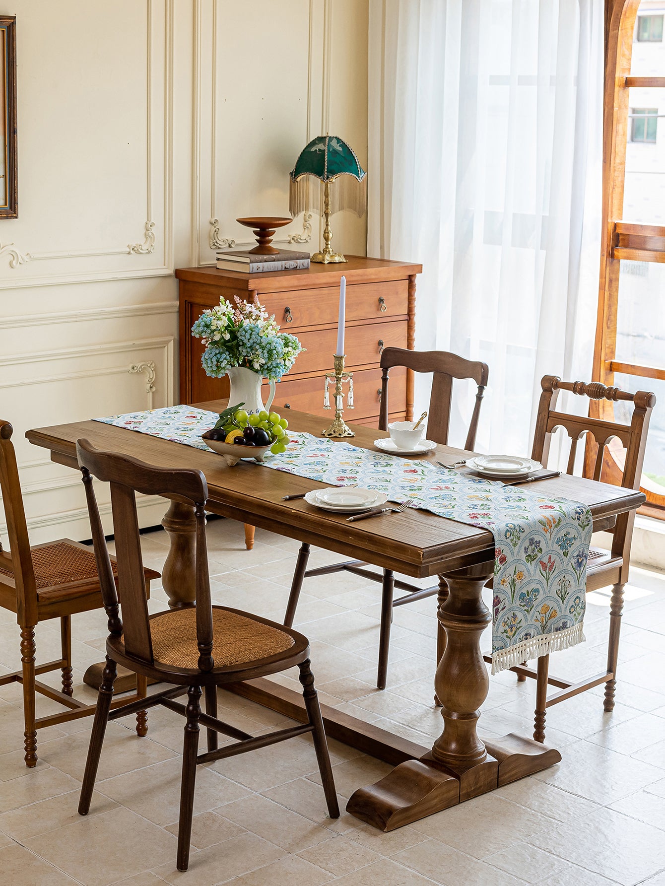 LaLuna Home Thousand Blooms Jacquard Table Runner with Tassels - Blue 35*210cm / 14*83in
