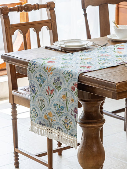 LaLuna Home Thousand Blooms Jacquard Table Runner with Tassels - Blue 35*120cm / 14*47in