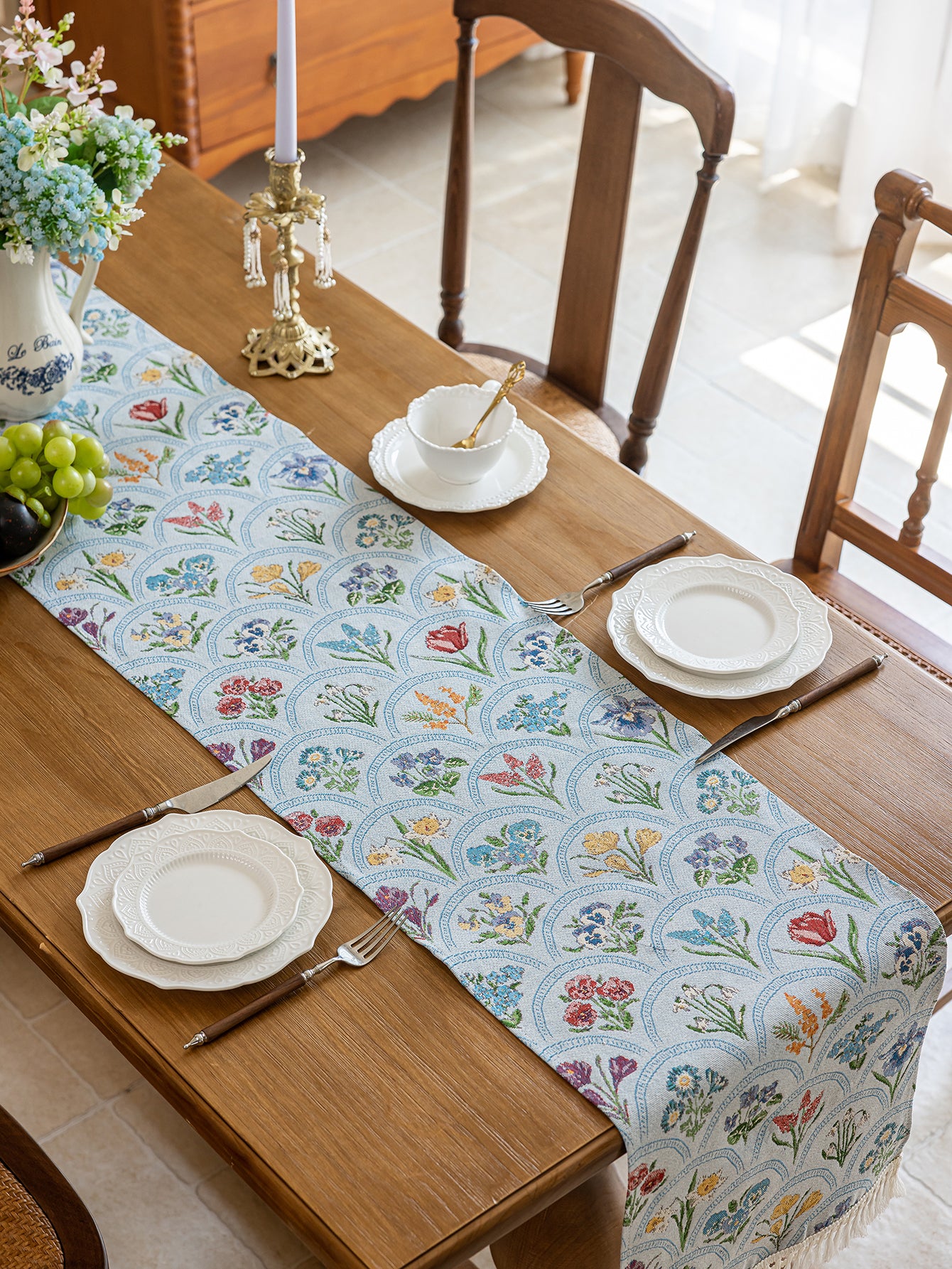 LaLuna Home Thousand Blooms Jacquard Table Runner with Tassels - Blue 35*270cm / 14*106in