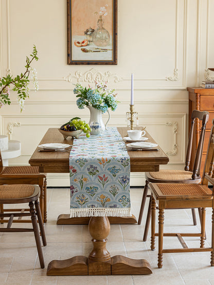 LaLuna Home Thousand Blooms Jacquard Table Runner with Tassels - Blue 35*240cm / 14*94in
