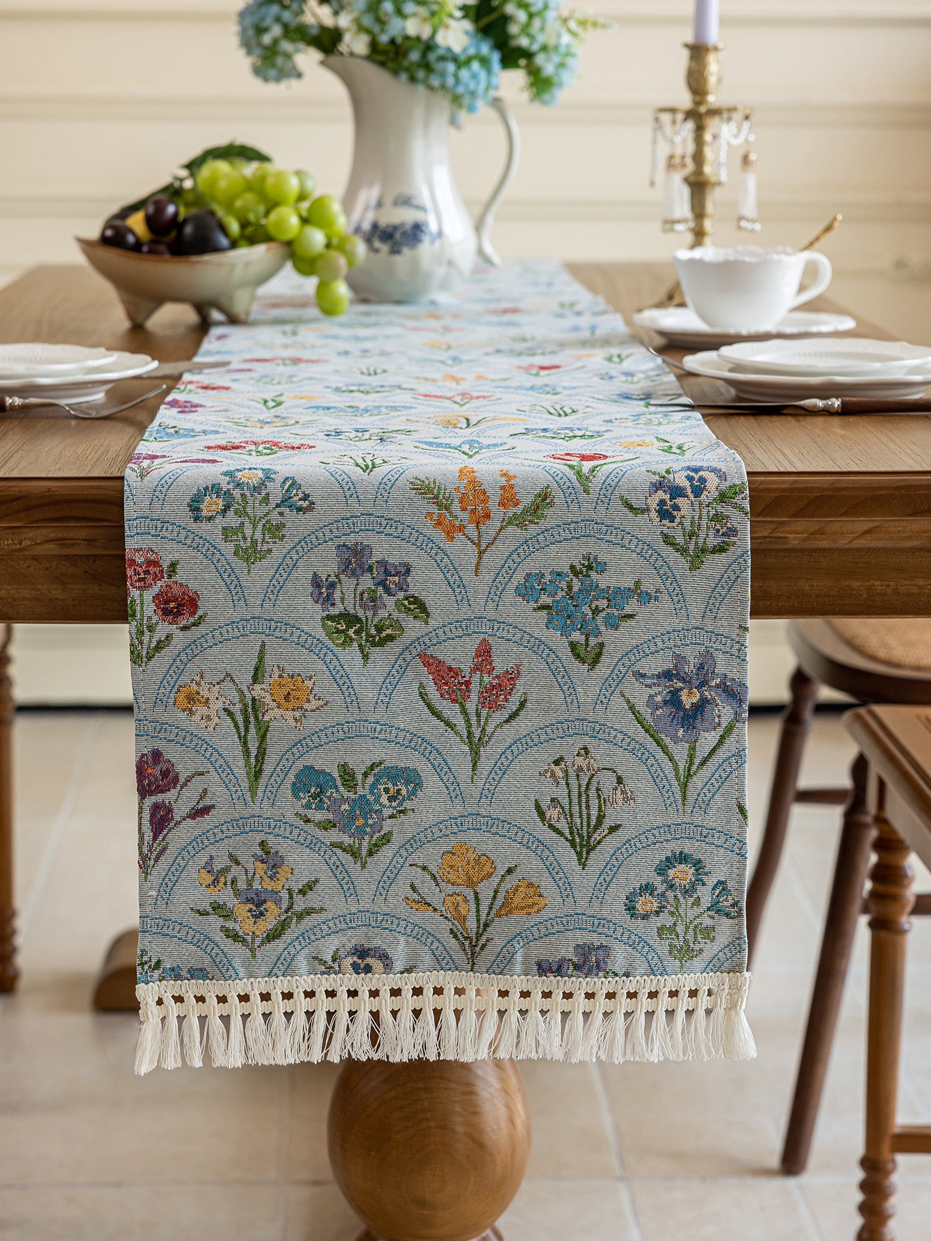 LaLuna Home Thousand Blooms Jacquard Table Runner with Tassels - Blue 35*180cm / 14*71in