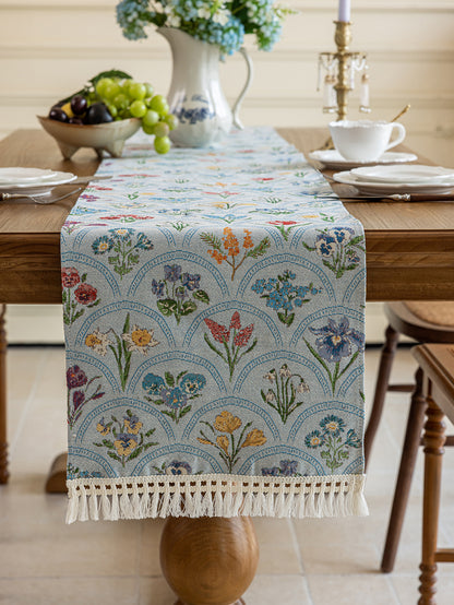LaLuna Home Thousand Blooms Jacquard Table Runner with Tassels - Blue 35*180cm / 14*71in