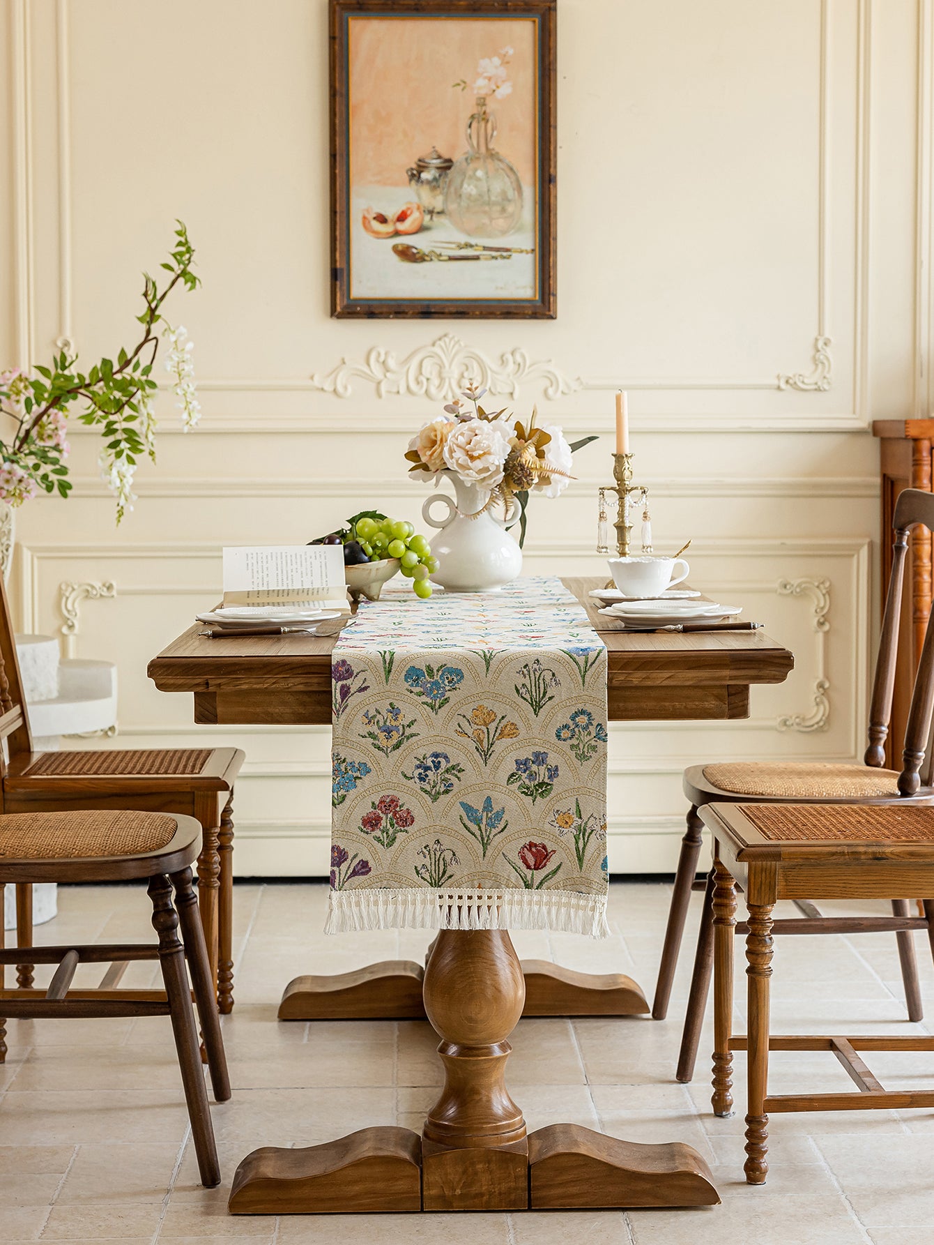 LaLuna Home Thousand Blooms Jacquard Round Table Runner with Tassels - Beige