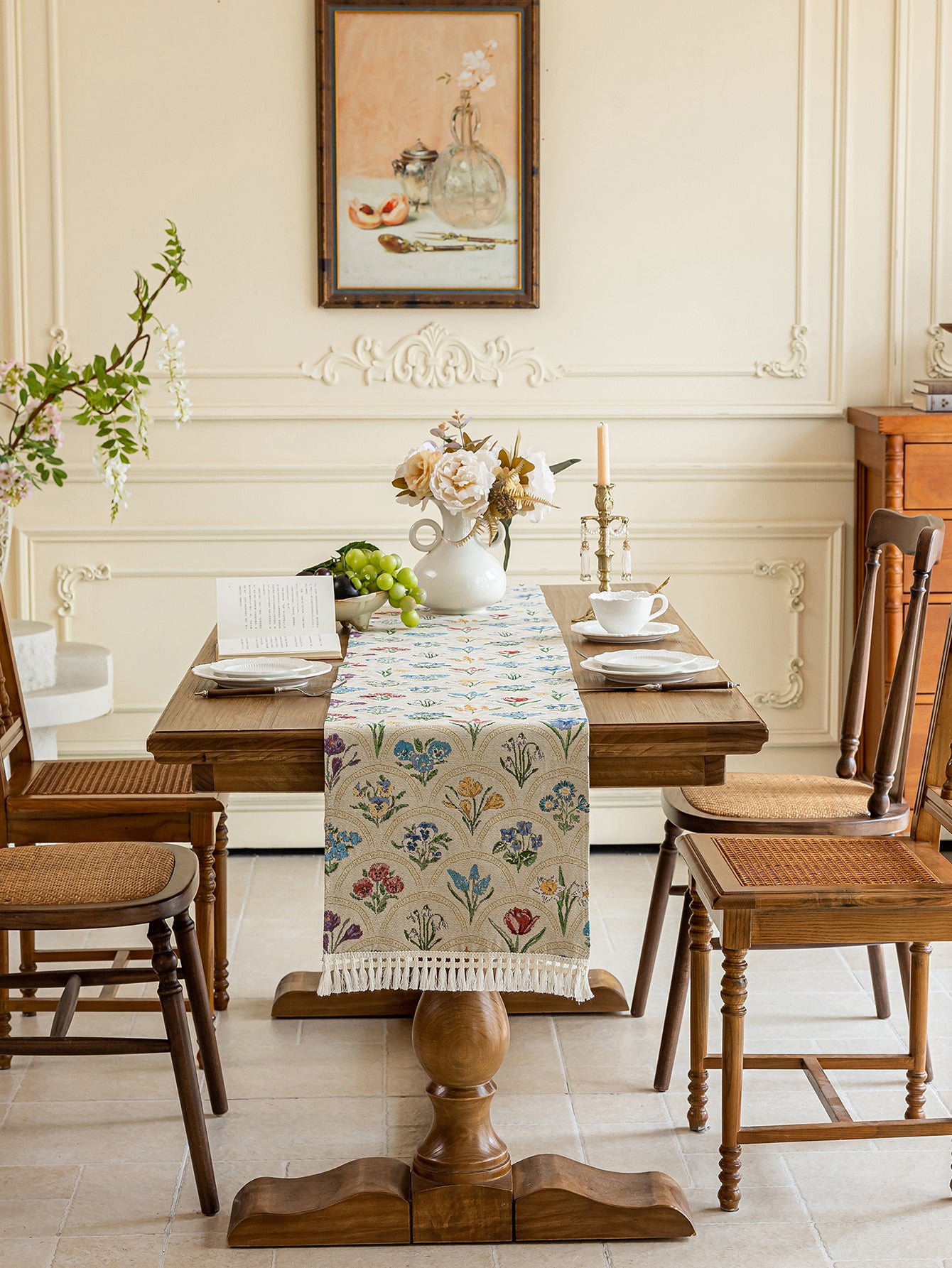 LaLuna Home Thousand Blooms Jacquard Round Table Runner with Tassels - Beige