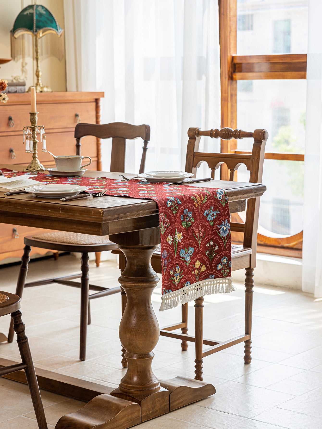LaLuna Home Thousand Blooms Jacquard  Table Runner with Tassels - Red
