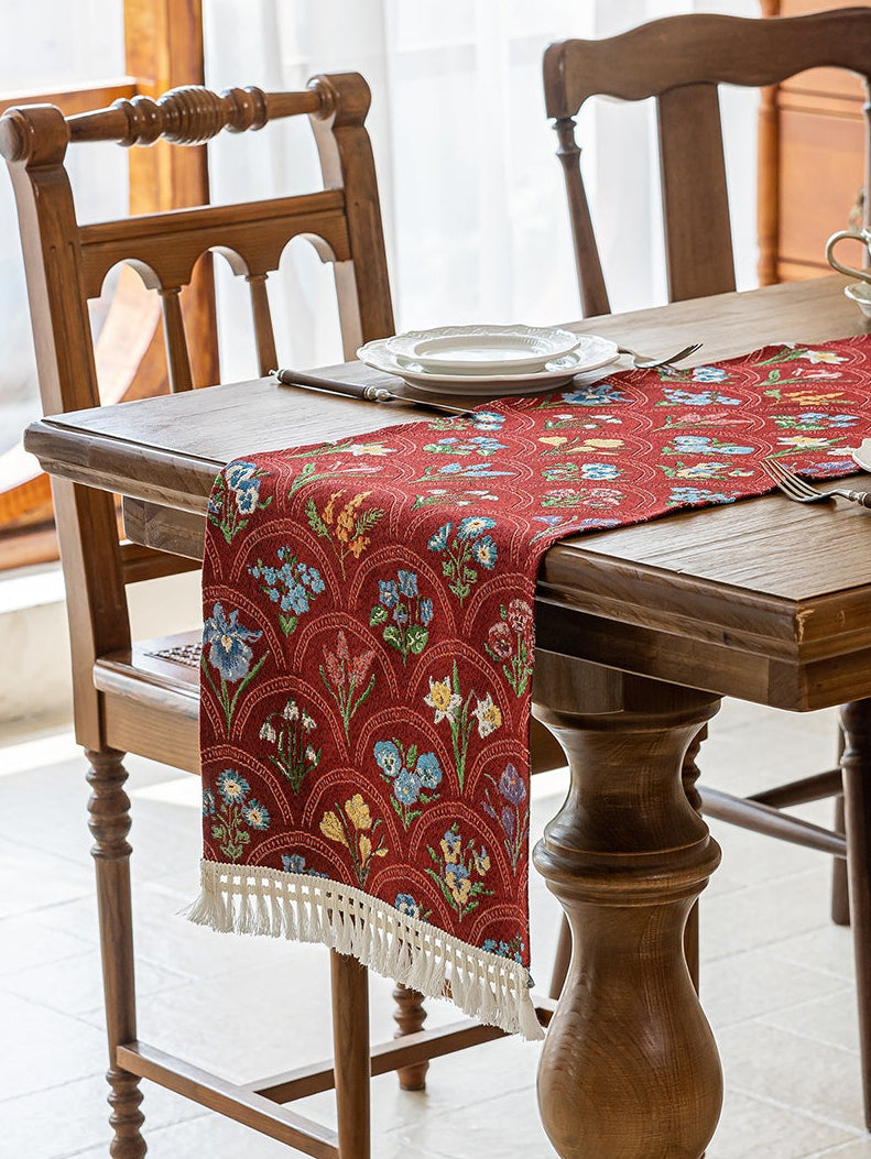 LaLuna Home Thousand Blooms Jacquard  Table Runner with Tassels - Red