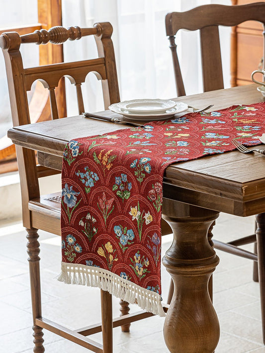 LaLuna Home Thousand Blooms Jacquard  Table Runner with Tassels - Red
