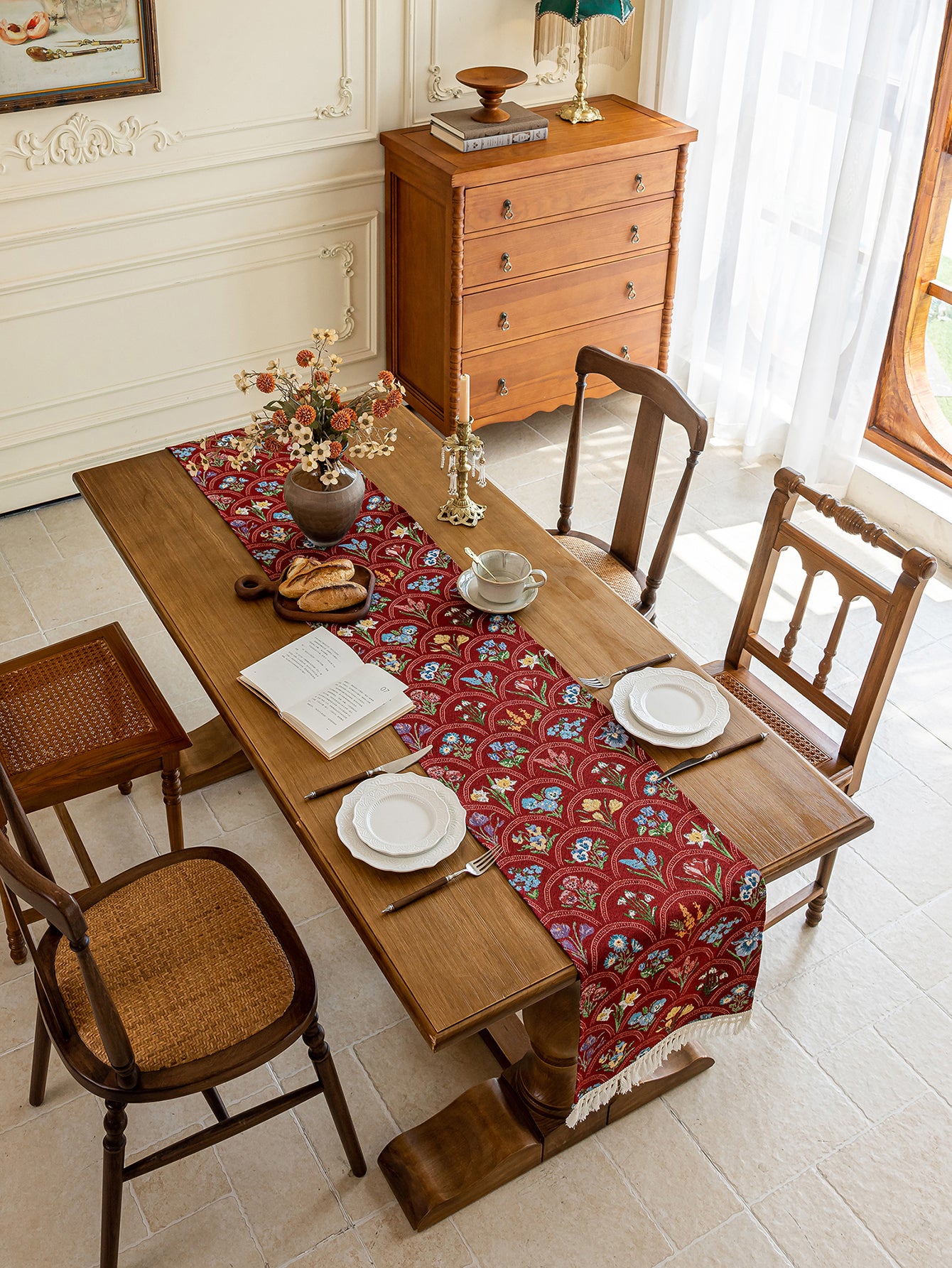 LaLuna Home Thousand Blooms Jacquard  Table Runner with Tassels - Red