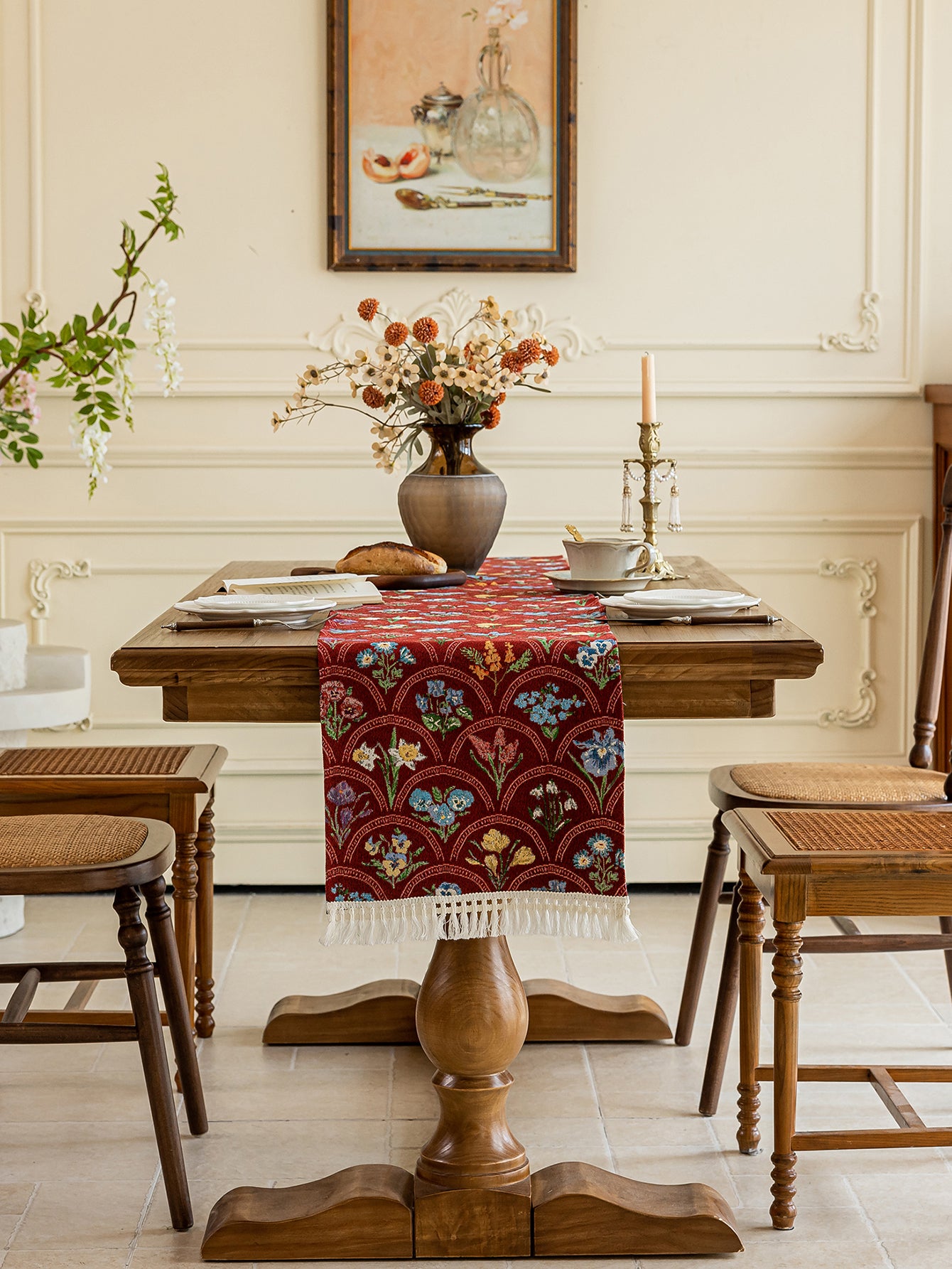 LaLuna Home Thousand Blooms Jacquard  Table Runner with Tassels - Red