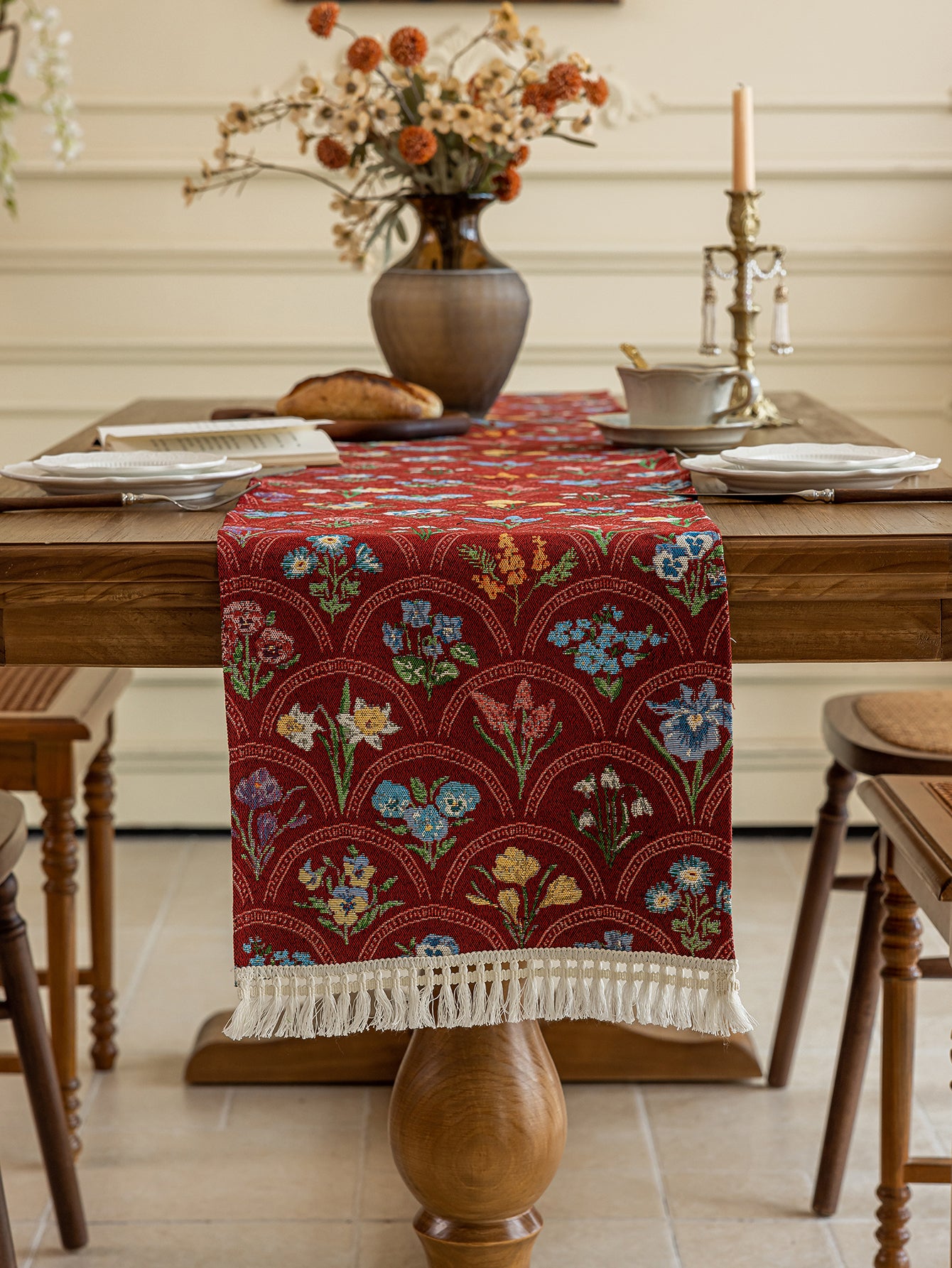 LaLuna Home Thousand Blooms Jacquard  Table Runner with Tassels - Red