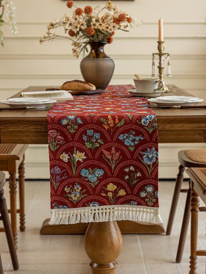 LaLuna Home Thousand Blooms Jacquard  Table Runner with Tassels - Red