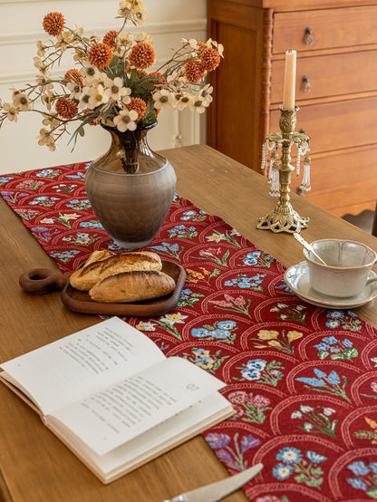 LaLuna Home Thousand Blooms Jacquard  Table Runner with Tassels - Red
