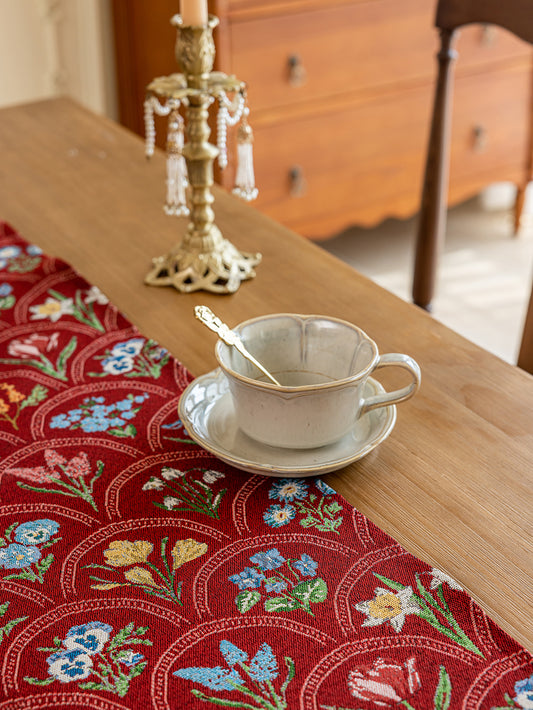 LaLuna Home Thousand Blooms Jacquard  Table Runner with Tassels - Red