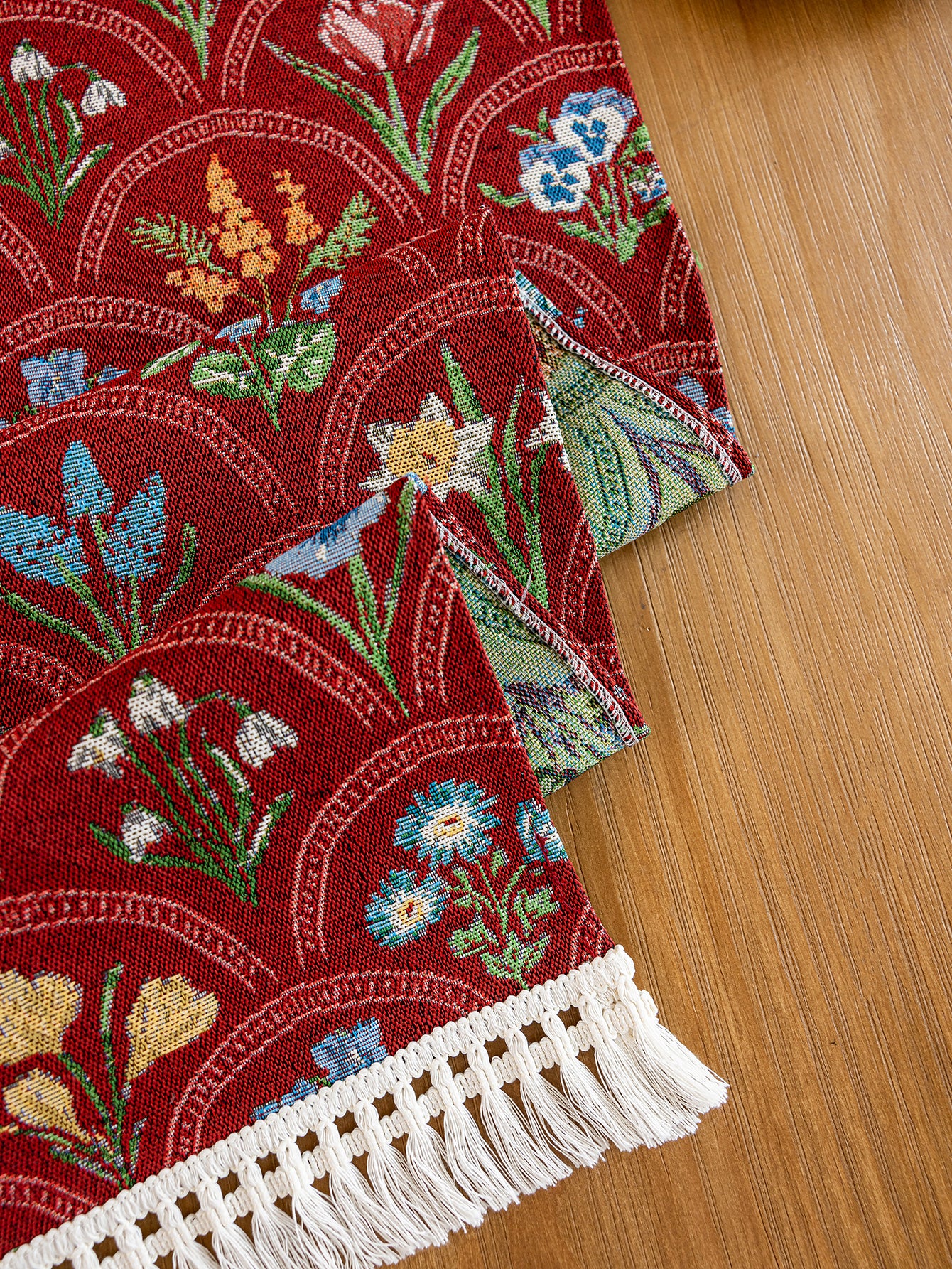 LaLuna Home Thousand Blooms Jacquard  Table Runner with Tassels - Red