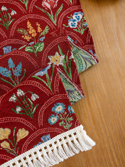 LaLuna Home Thousand Blooms Jacquard  Table Runner with Tassels - Red