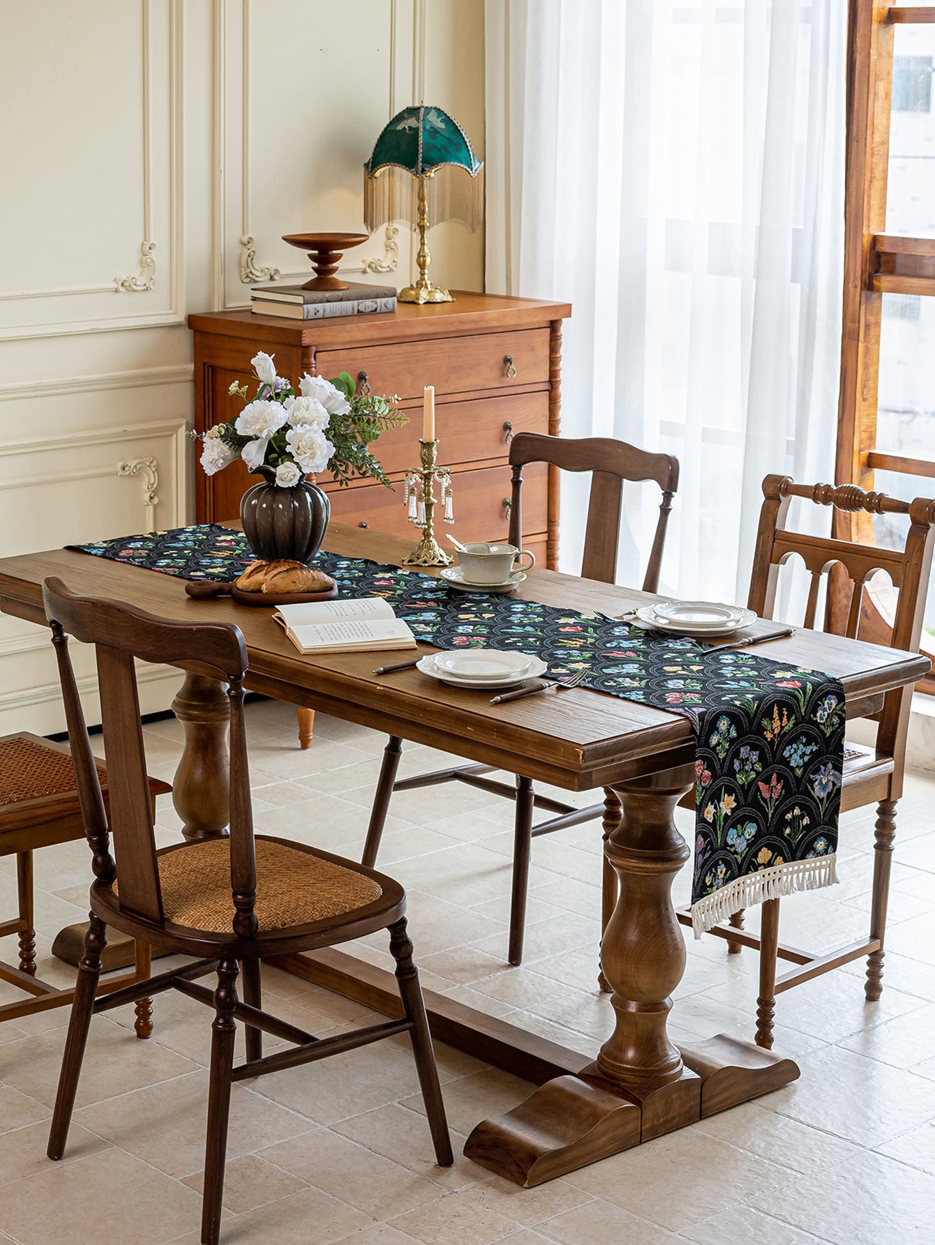 LaLuna Home Thousand Blooms Jacquard Table Runner with Tassels - Black