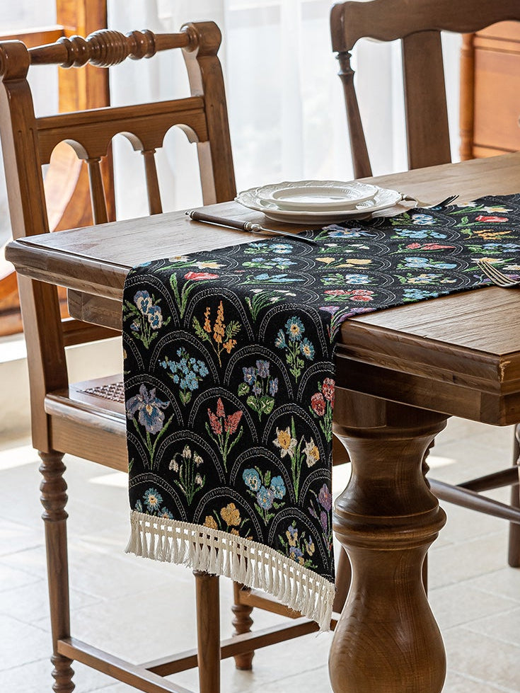 LaLuna Home Thousand Blooms Jacquard Table Runner with Tassels - Black